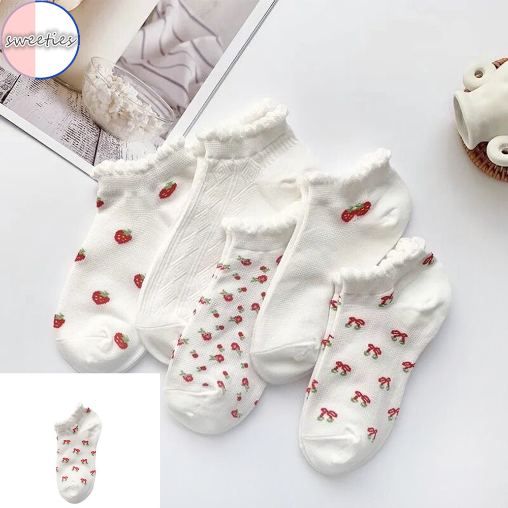 Đôi Tất Cotton Hoạ Tiết Trái Dâu Xinh Xắn Cho Nữ