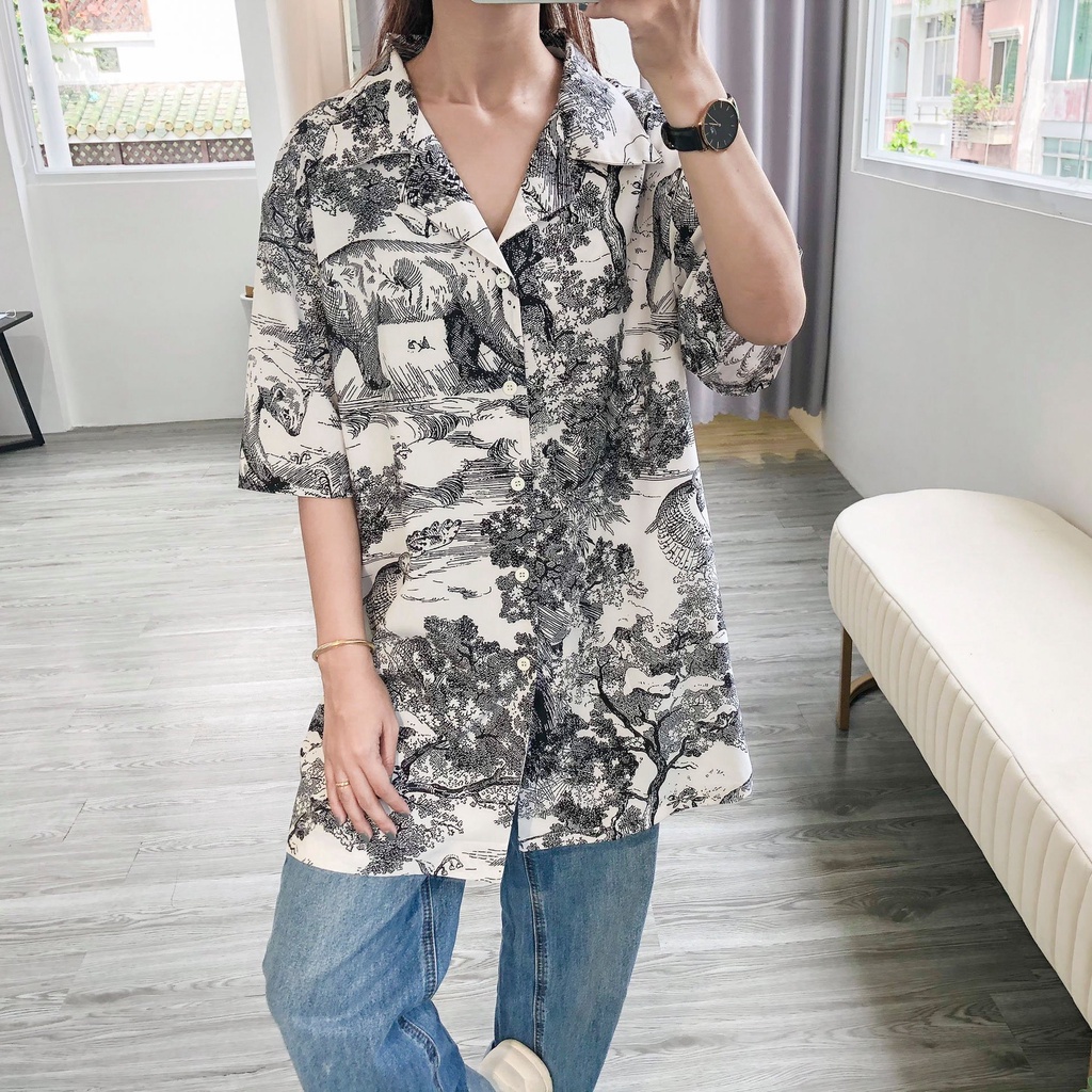 Áo Somi Unisex tay ngắn sơn thủy trắng đen