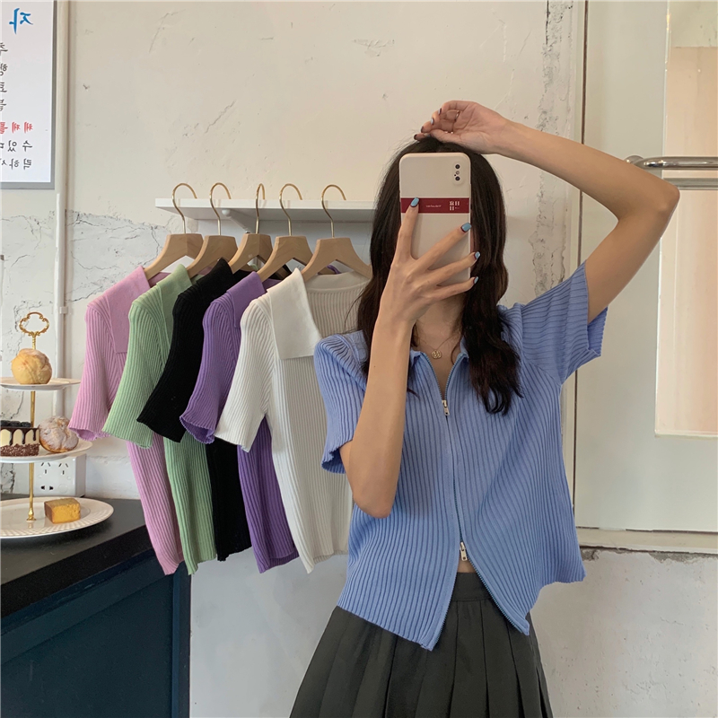 Áo Sweater Cổ Bẻ Phối Khóa Kéo Đôi Màu Sắc Trẻ Trung Phong Cách Hàn Quốc 2021