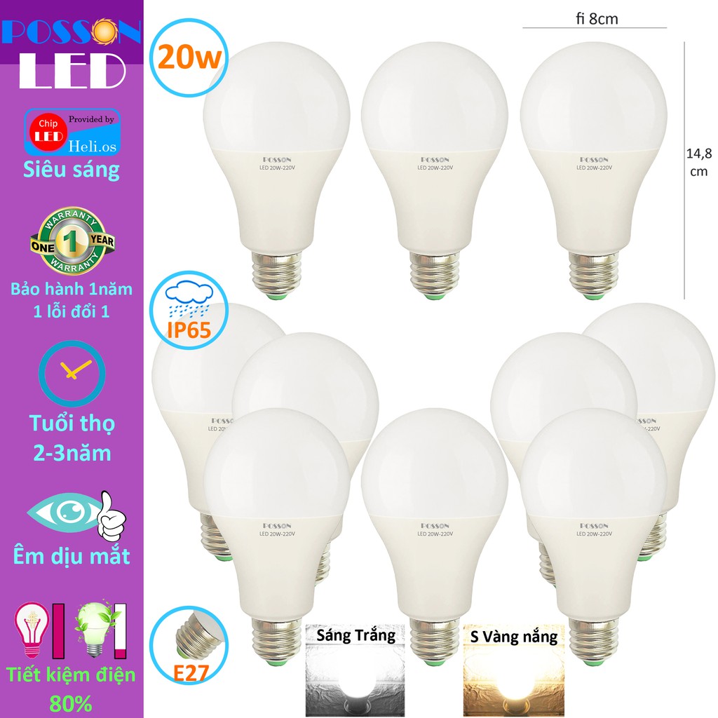 Sỉ 50 Bóng đèn Led 20w A80 bup tròn bulb kín chống nước tiết kiệm điện siêu sáng Posson LB-20x