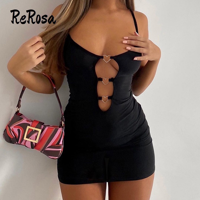 Rerosa Đầm Ôm Hông Hai Dây Quấn Hông Màu Trơn Khoét Trái Tim Cho Nữ