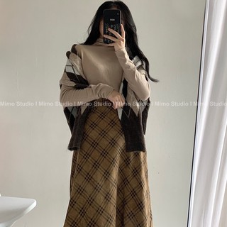 SET ÁO LEN - ÁO CỔ LỌ TAY DÀI - VÁY KẺ SỌC DÁNG DÀI( CÓ BÁN TÁCH SET)