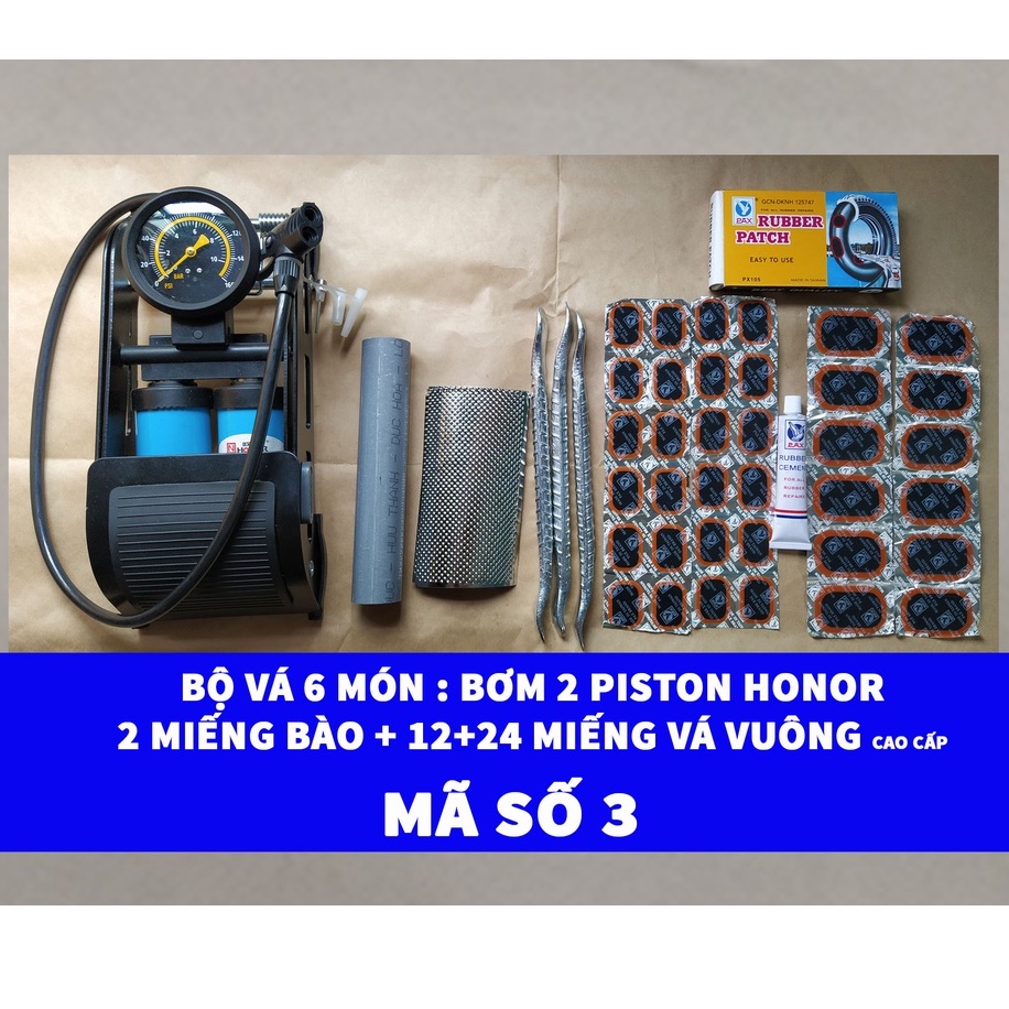 [Bơm Chân Honor 2 Piston] Bộ Vá 6 Món Ruột Xe Máy Và Xe Đạp Có Bơm Chân Honor 2 Piston + 2 Miếng Bào