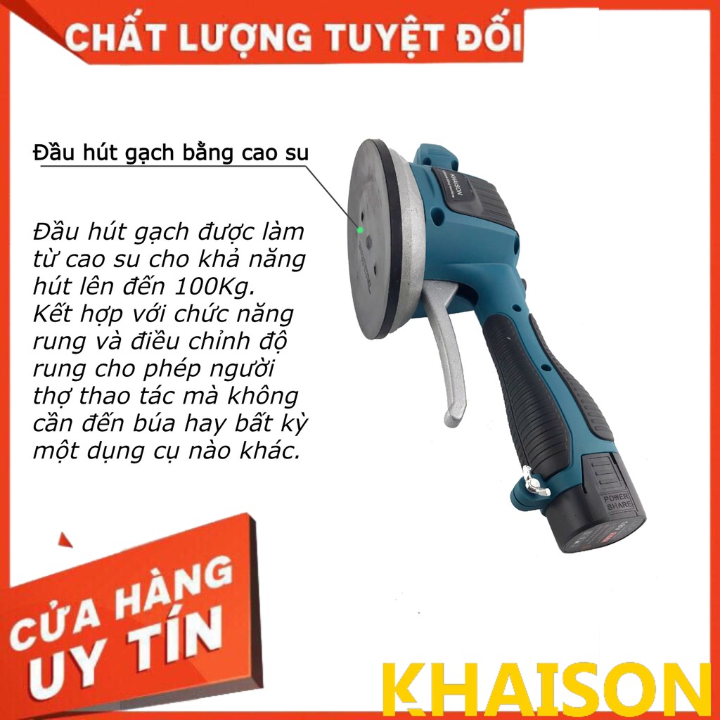 Máy ốp lát gạch men cầm tay, máy đầm rung dùng pin 18v 6 cấp độ rung Khaison, bộ 2 pin