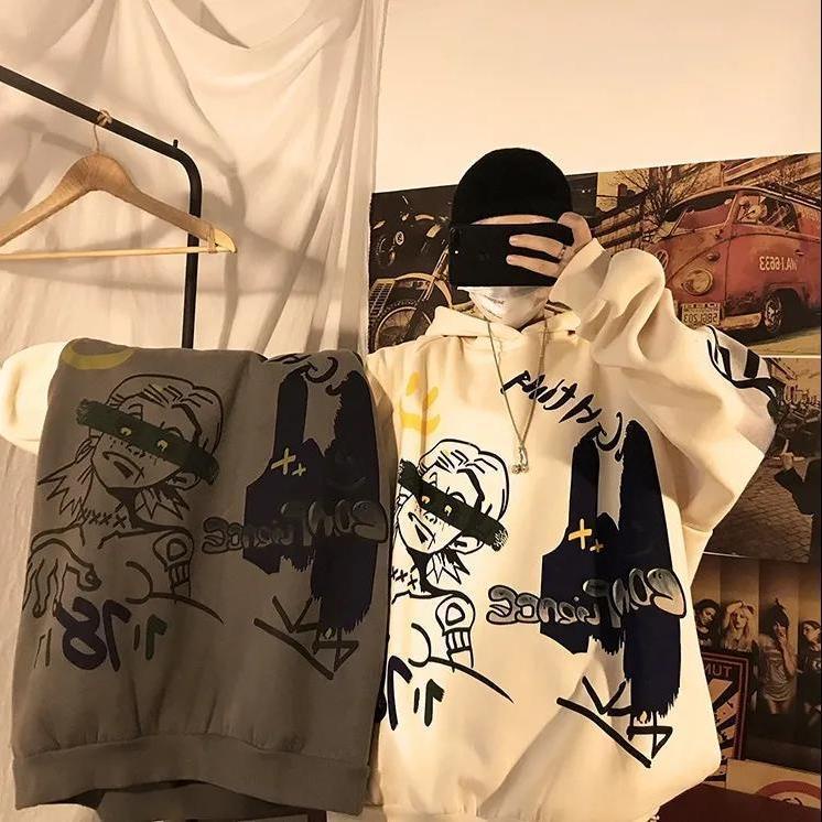 Áo Hoodie Lót Nhung Dáng Rộng Họa Tiết Graffiti Phong Cách Hip Hop Cá Tính Cho Nam