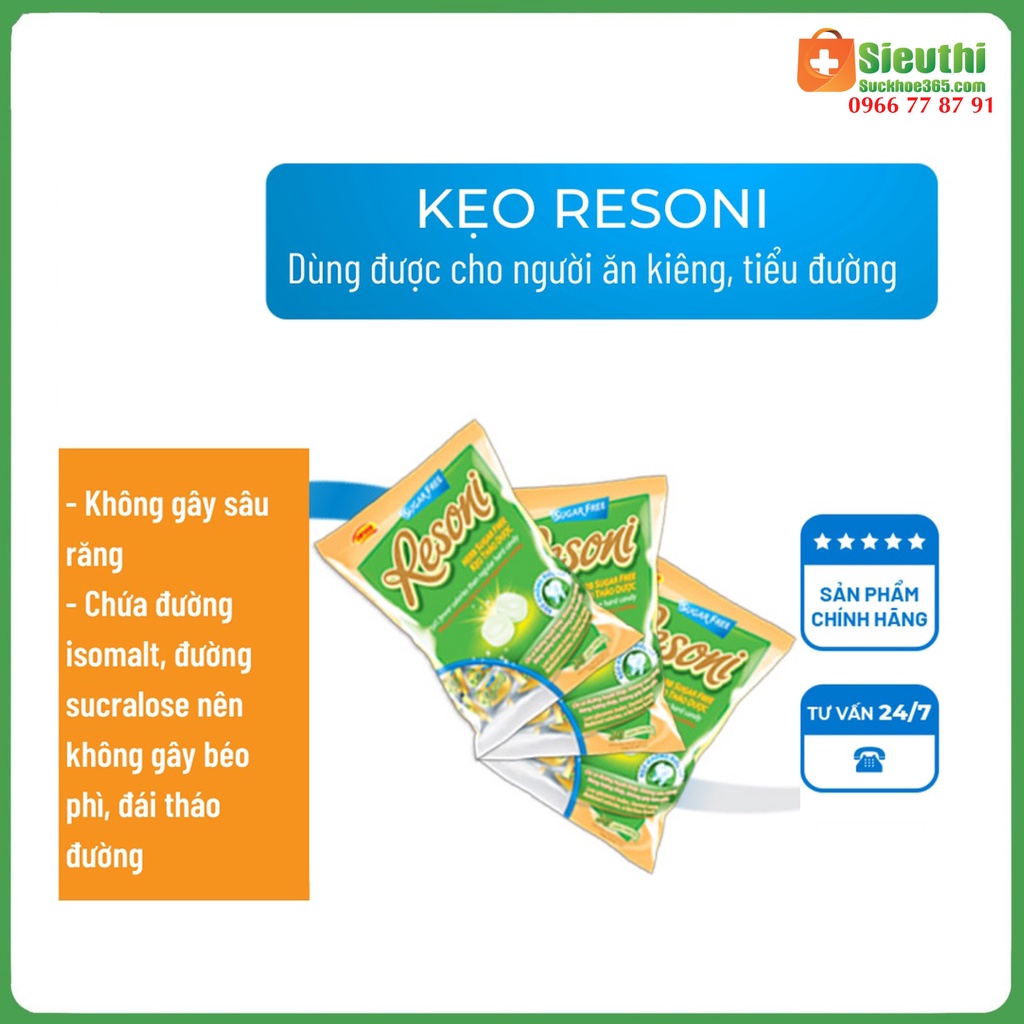 Kẹo Thảo Dược Resoni Không Đường Dành Cho Người Tiểu Đường Ăn Kiêng hộp 46g Siêu Thị Sức Khoẻ 365