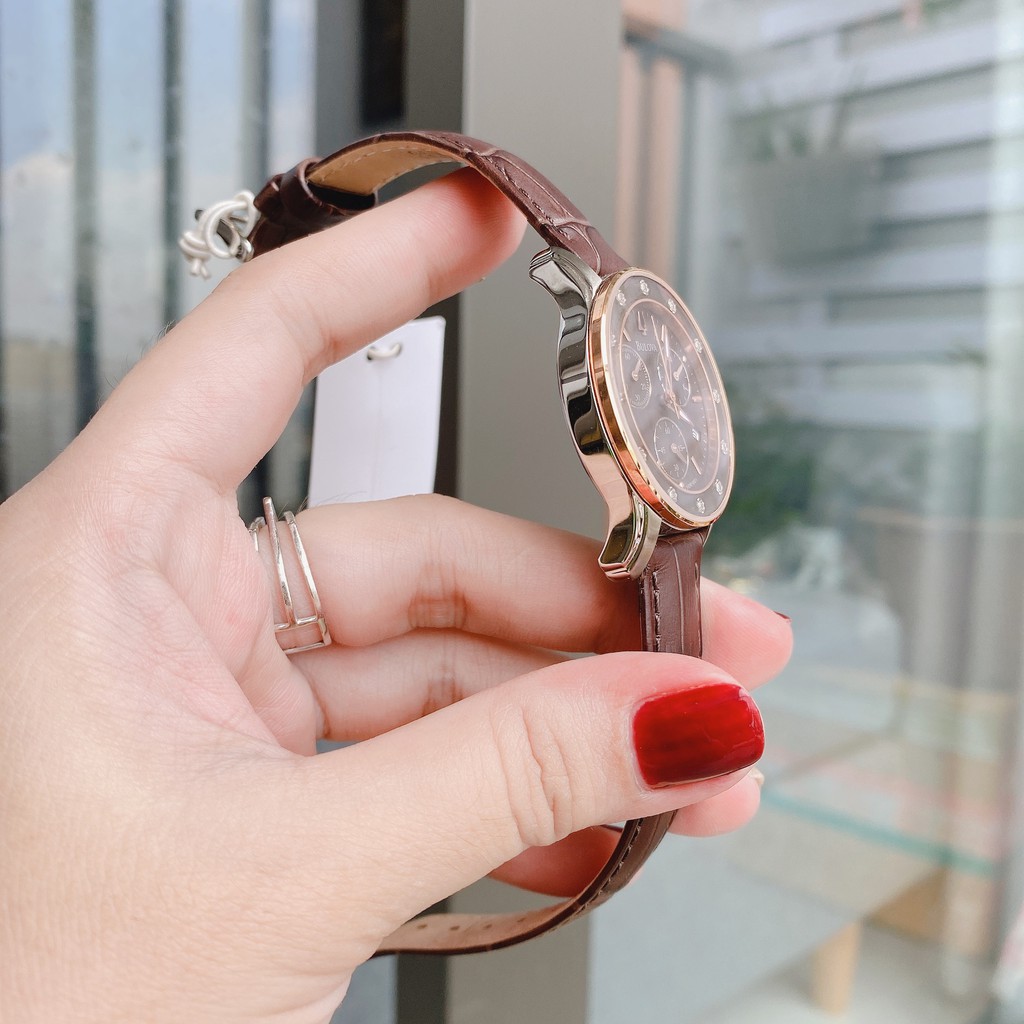 Đồng hồ nữ chính hãng Bulova 98R160 'Diamonds' Stainless Steel Chronograph - Máy pin Nhật - Kính cứng - Dây da