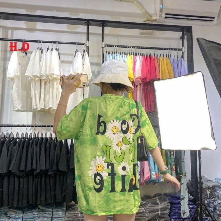 (Ảnh thật và video shop tự quay)Áo Thun loang màu Unisex hoa cúc good life form thụng tay lỡ mẫu❤Áo nhóm áo lớp❤