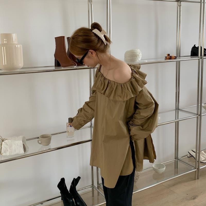 Áo Sơ Mi Nữ Dáng Rộng Tay Dài Hở Vai Thiết Kế Xẻ Tà