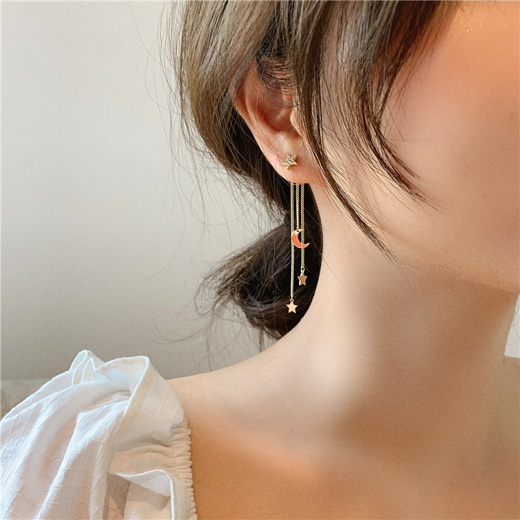 925 Silver Korean Moon Star Tassel Earrings Elegant Lady Women Fashion Jewelry Accessories Gift