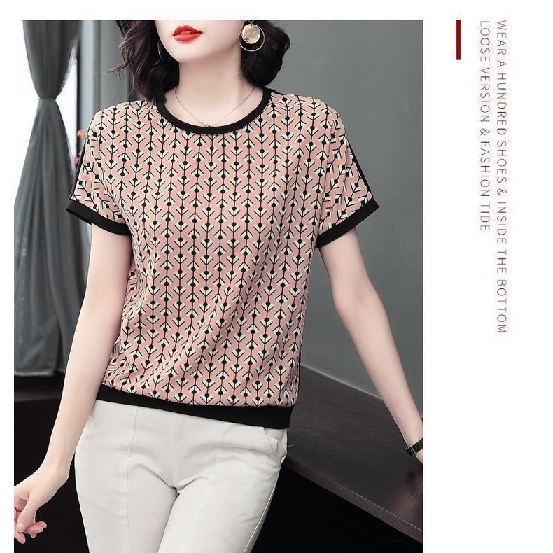 Áo thun tay ngắn dáng rộng họa tiết kẻ sọc thời trang mùa hè cho phụ nữ trung niên