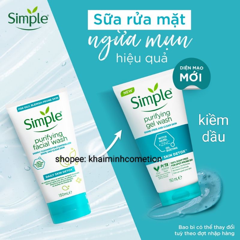 150 ml- Sữa rửa mặt Simple Purifying gel wash kiềm dầu, ngừa mụn cho da dầu dễ nổi mụn nhạy cảm