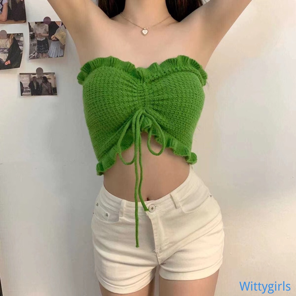 Áo Ống Nhún Bèo Màu Sắc Trơn Thời Trang Mùa Hè Cho Nữ