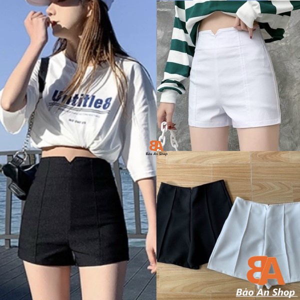 Quần đùi nữ lưng cao xẻ bụng chất vải Tuyết Mưa trắng đen phối khoá kéo Có 3 Size S M L (Bảo An Shop) Hot