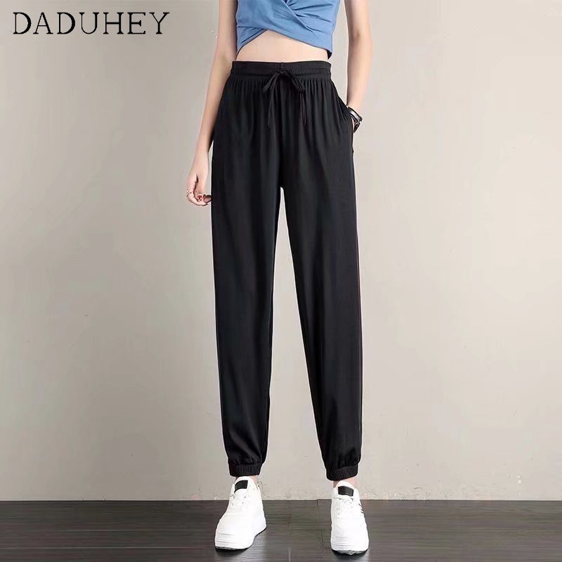 Quần thể thao Daduhey vải lụa lạnh mỏng dáng rộng thời trang thường ngày mùa hè 2022 phong cách Hàn Quốc