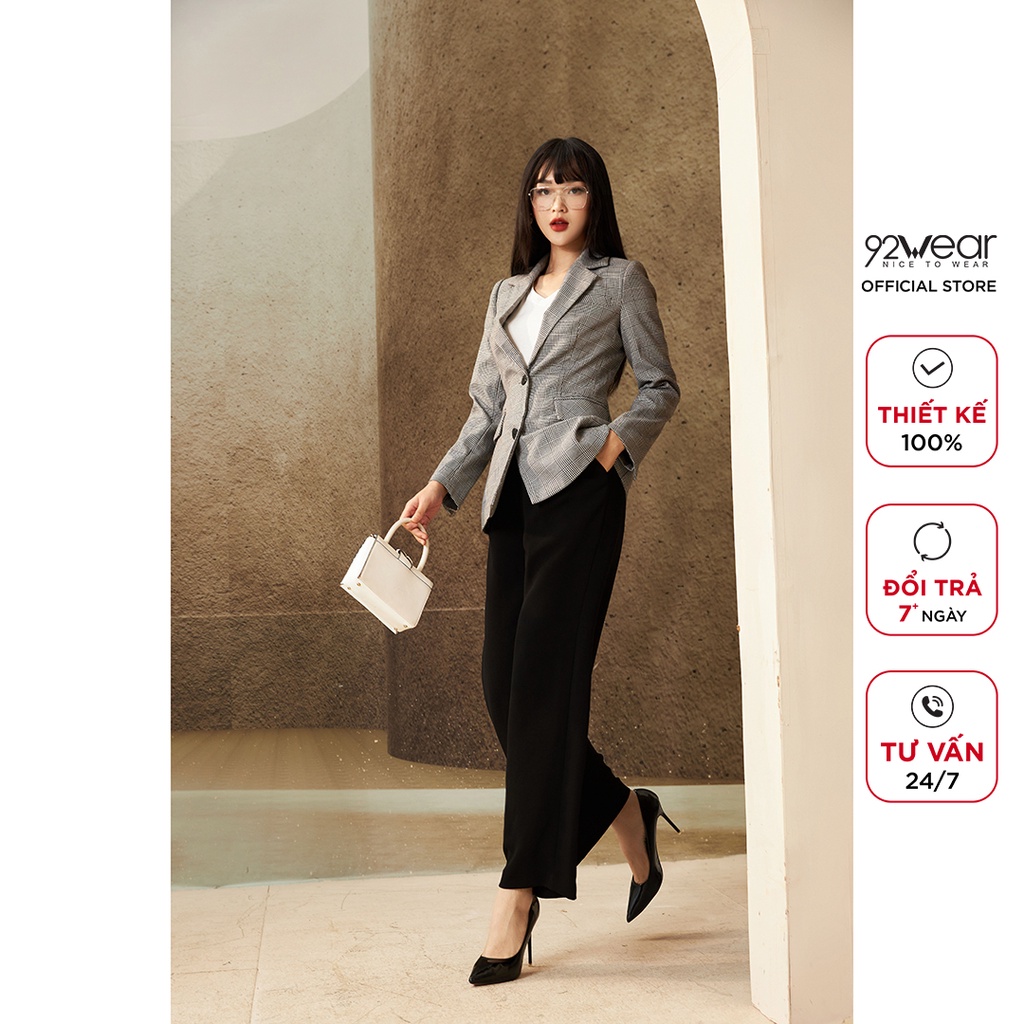 Áo vest nữ kẻ dài tay túi ốp 92WEAR, thiết kế hàn quốc cổ bẻ thanh lịch, trẻ trung VDA1799 | BigBuy360 - bigbuy360.vn