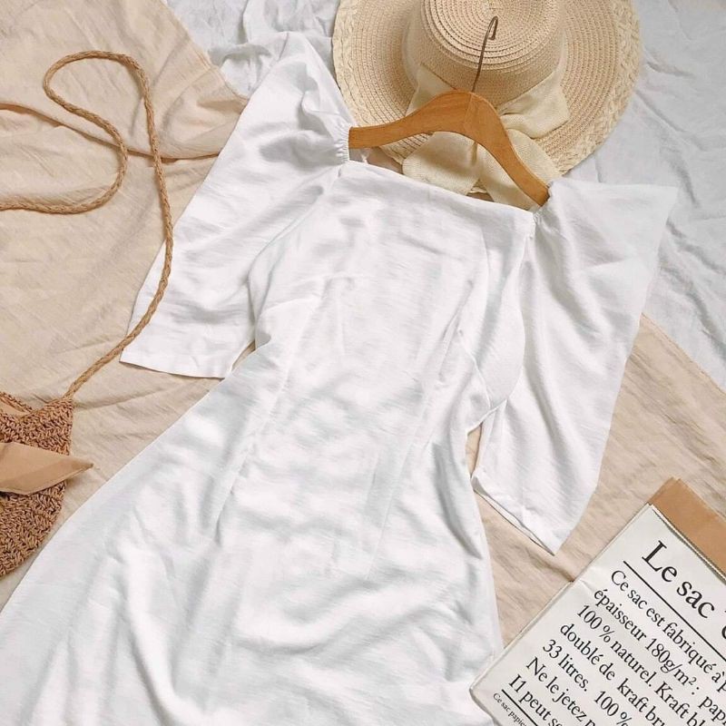 đầm midi trắng đũi lụa tay bồng cổ vuông