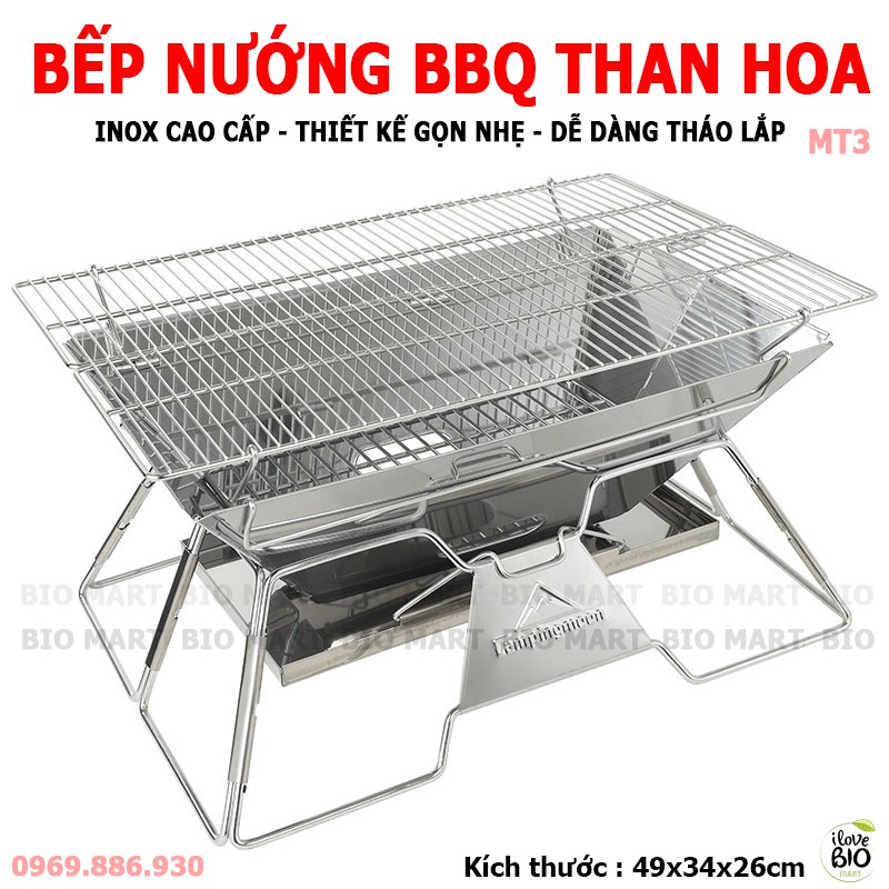 Bếp Nướng BBQ Không Khói MT3 - Bếp Nướng Than Hoa Inox 304 Cỡ Lớn 49x34cm Cho 8 Đến 10 Người - P003