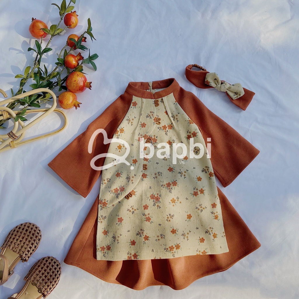 Set Áo Dài Cách Tân Cho Bé Trai Bé Gái Họa Tiết Hoa Nhí Màu Cam Đất Size Từ 8-28kg