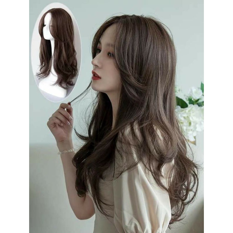 Tóc giả nữ siu da đầu dáng xoăn mái bay