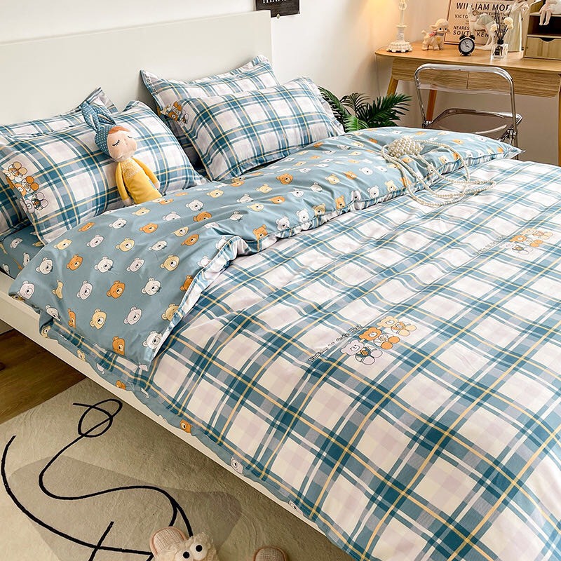 Bộ chăn ga gối Cotton Poly Bo Decor Family gấu, vỏ chăn mền, drap giường và 2 vỏ gối