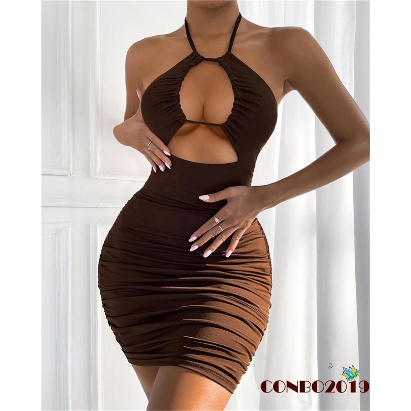 Đầm Ôm Dáng Cổ Yếm Hở Lưng Màu Trơn Thời Trang Quyến Rũ Cho Nữ