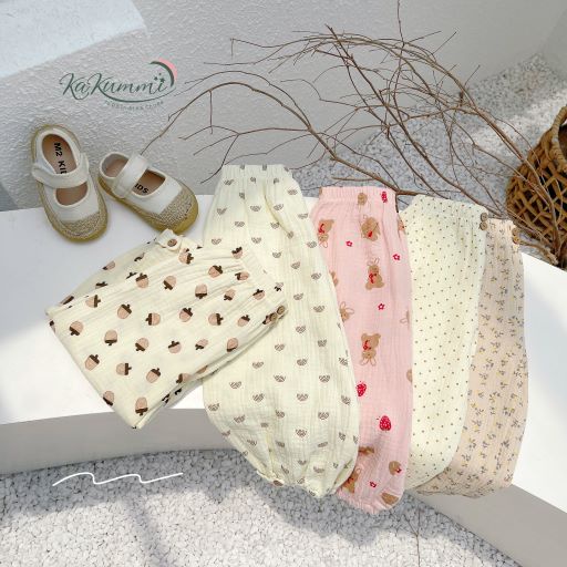 Quần bom xô muslin họa tiết cho bé, quần bom trẻ em bo chun 1QU128 Kakummi