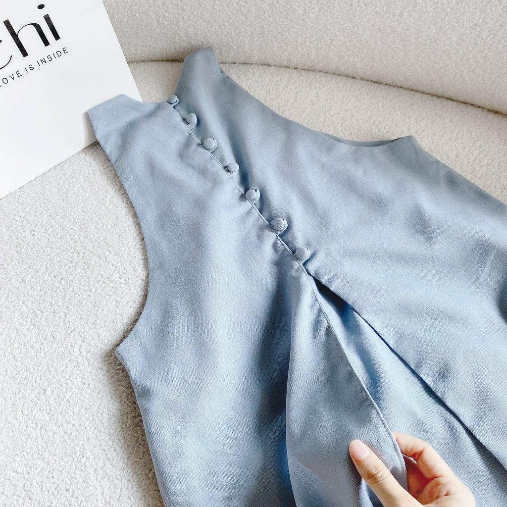 SET ÁO SÁT NÁCH XANH XẺ LƯNG NÚT BỌC + QUẦN SUÔNG TRẮNG (TH)