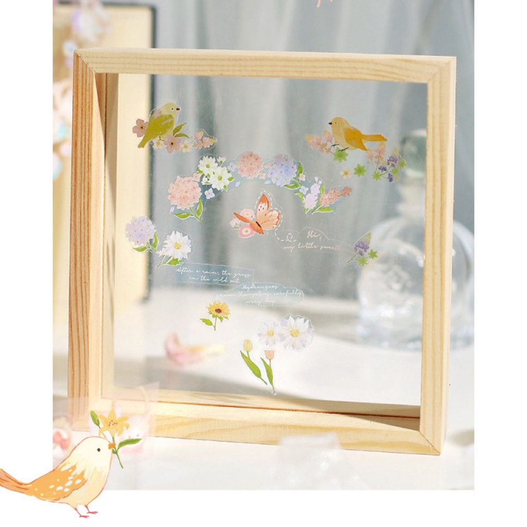 Sticker cute dạng cuộn họa tiết chim hoa mùa xuân MODINA, cuộn sticker tròn trang trí sổ