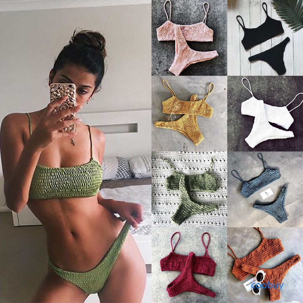 Set bikini kiểu vải nhún màu trơn gợi cảm cho nữ | BigBuy360 - bigbuy360.vn