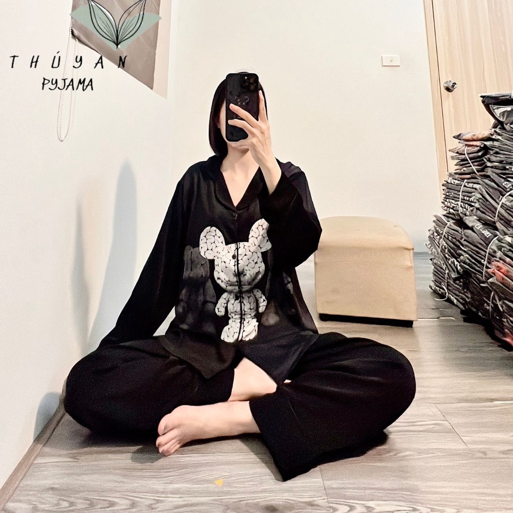 Bộ Pijama nữ bigsize tai chuột trắng tay dài chất lụa Mango ko nhăn dành cho nữ, mẹ bầu 60 -90kg