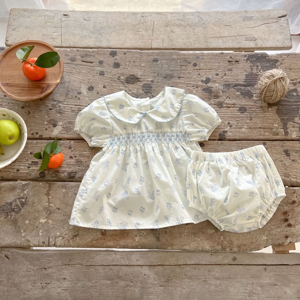 Bộ Áo Cotton Tay Ngắn Cổ Búp Bê Họa Tiết Hoa + Quần Bánh Mì Xinh Xắn Thời Trang Mùa Hè Cho Bé Gái