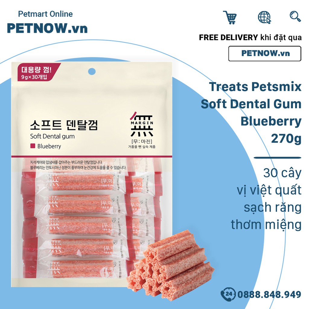 Treats Petsmix Soft Dental Gum Blueberry 270g - 30 cây vị Việt quất, sạch răng thơm miệng Petnow