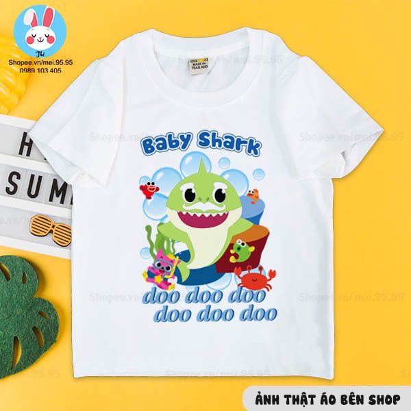 Áo thun baby shark cho bé trai và bé gái,áo trắng in hình baby shark siêu nét cute )