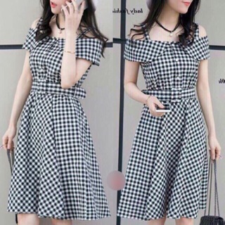 Đầm caro xoè 2 dây trễ vai m/l/xl/2xl