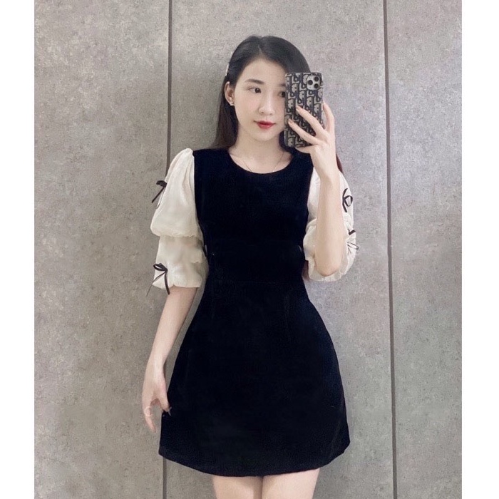 [HÀNG LOẠI 1] Đầm nhung phối tay voan nơ bồng siêu xinh 2 lớp -VX06