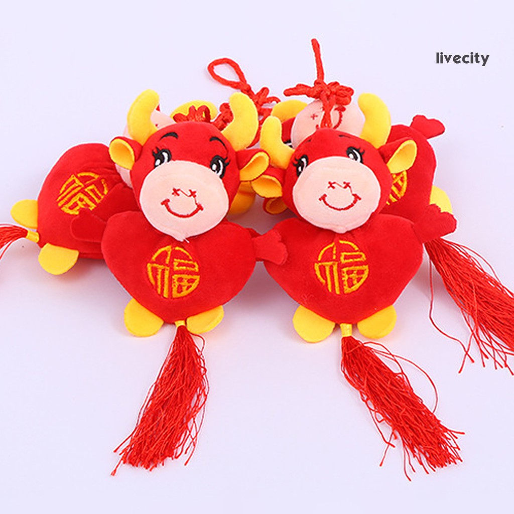 Mặt dây treo hình thú nhồi bông hình con trâu phong cách lễ hội Tết