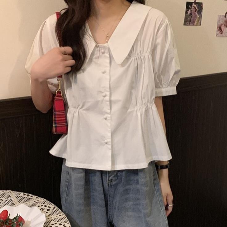 Áo kiểu hàn quốc A.202, áo kiểu cổ bèo cộc tay hai đường bo chun ngang ngực cùng hàng xếp ly dúm nhỏ dọc thân | BigBuy360 - bigbuy360.vn