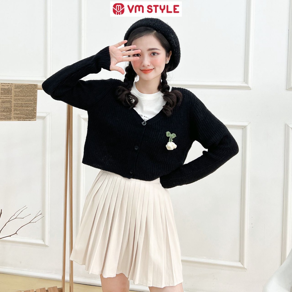Áo khoác len VMSTYLE nữ mỏng tay dài form ngắn thêu hoa thời trang ulzzang KLU00016