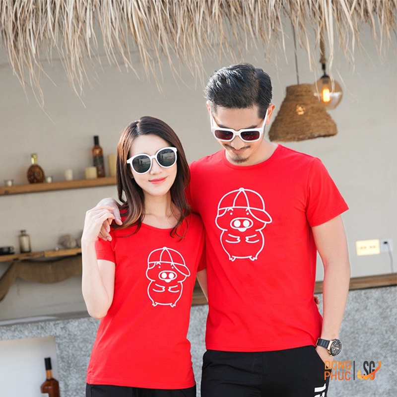 Áo gia đình màu đỏ mẫu GD503 dễ thương làm đồ đồng phục gia đình nổi bật thun cotton dày dặn | DONGPHUCSG