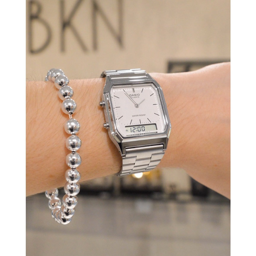 Đồng hồ Unisex Casio AQ-230A-7DMQ, đồng hồ chính hãng, silver gạch, mặt trắng