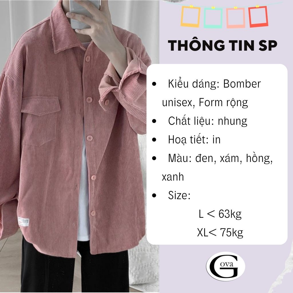 Áo Khoác Sơ Mi Nhung Tăm GẮN LOGO Nam Nữ Kiểu Basic Dài Tay, Áo Oversize Nhiều Màu GOVA