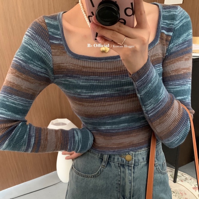 【ZHELIHANGFEI】Áo Sweater Tay Dài Cổ Vuông Dáng Ôm Kẻ Sọc Cầu Vồng Xinh Xắn Thời Trang