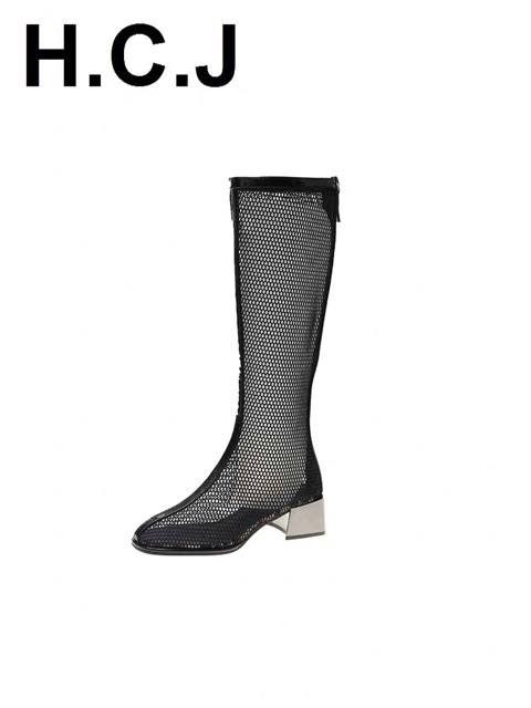 Sz 35-40 Boots đùi lưới phối viền bóng, gót gương 4cm