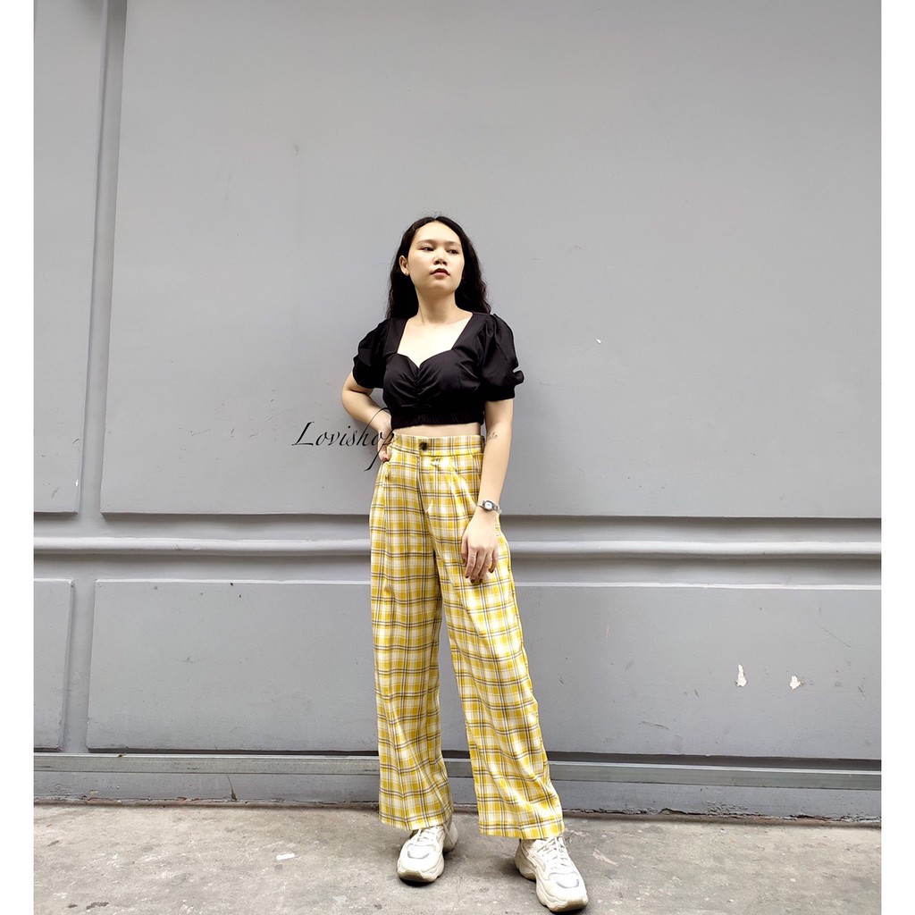 Quần caro dài lưng thun sau nút giả 2 túi Lovi