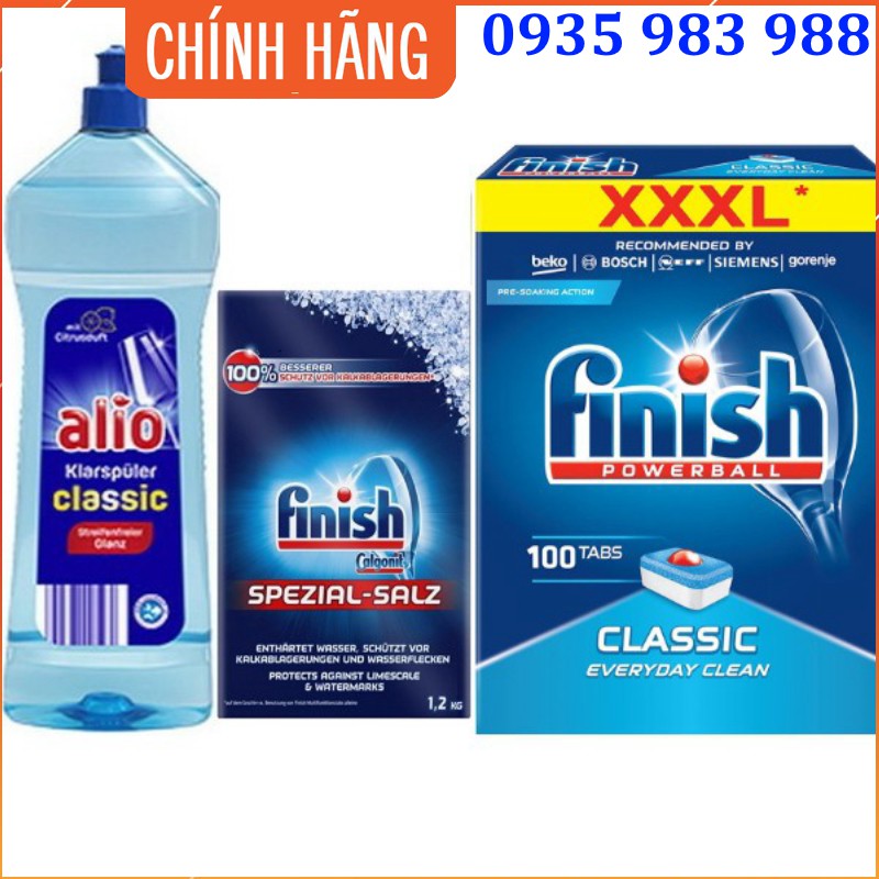 Combo viên rửa bát finish 100 Viên + muối rửa bát finish 1.2kg + Nước làm bóng alio 1 lít dùng cho máy rửa bát