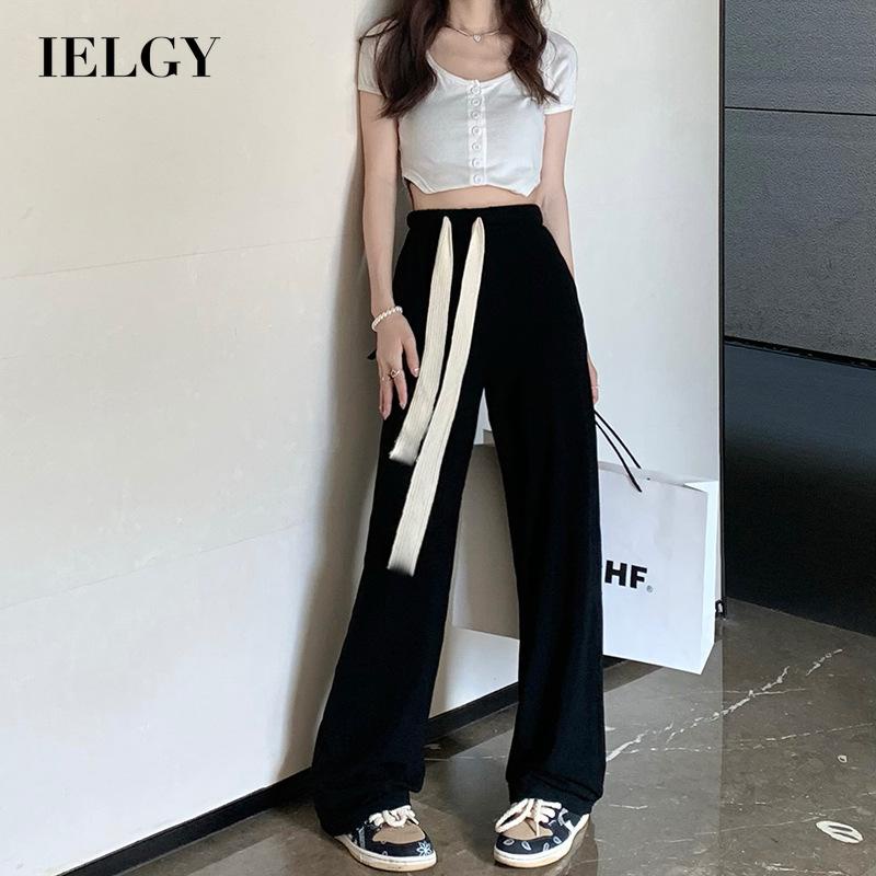 IELGY Quần dài lưng cao dáng rộng màu đen dễ phối đồ thời trang cho nữ