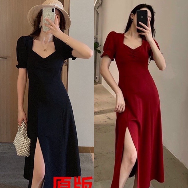 Đầm tay nhún thun xẻ tà 2 màu