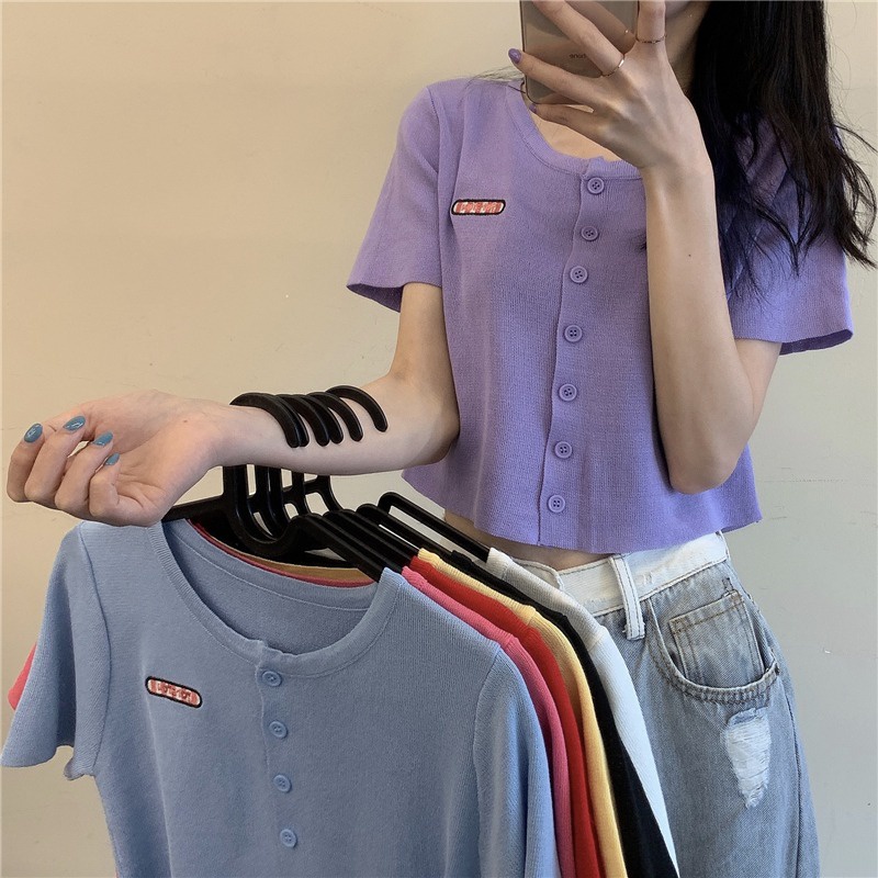 Áo cardigan ZHELIHANGFEI dệt kim ôm dáng tay ngắn phối một hàng nút thời trang