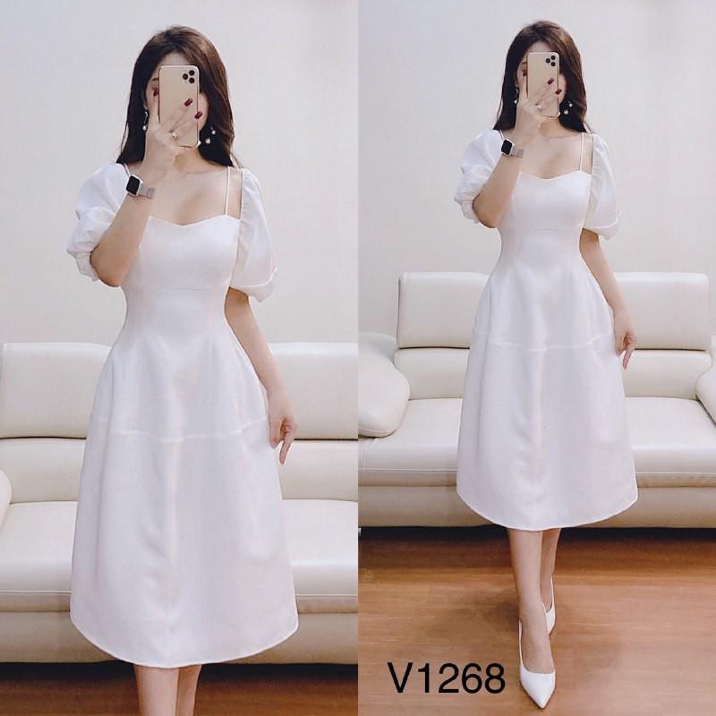 Đầm trắng trơn dáng suông V1268 điệu đà Mie Design kèm ảnh thật